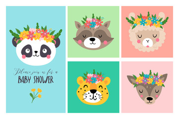 Cute animals heads with flowers set.