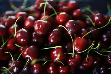 plate with cherry background / beautiful bright background fresh cherry cherries, juicy fruit