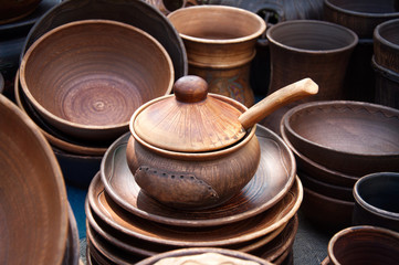 Clay pottery ceramic. Several types of clay pottery pots, cups, pitchers, teapots.