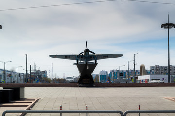 world war 2 airplane il-2 monument during sunny spring day in Samara, Russia