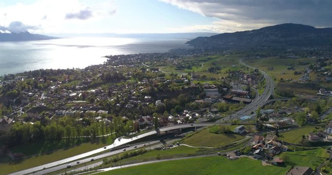 Flying over higway exit - Montreux - Aerial 4K