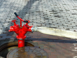 Red fire hydrant installed in the hatch, with an attached fire hose