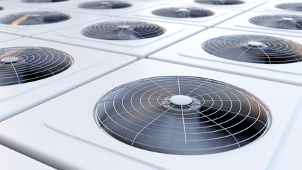 Group of HVAC units with fans close up