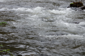 blurred image of the movement of water in a beautiful forest river with a waterfall