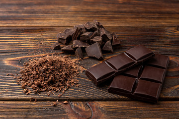 Chocolate bar and cocoa on dark wooden background.