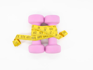 Fitness equipment with dumbbells and measuring tape isolated on a white background. Healthy with exercise concept. Top view from above.