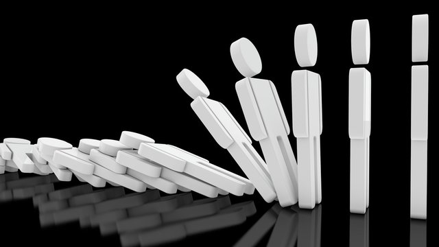 3D illustration of silhouettes of a person. People falling, pushing each other. The idea of dependence in society. 3D rendering on a black background with reflection on the surface.