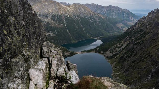 View from Bula pod Rysami at picturesque lakes: Morskie Oko and Czarny Staw pod Rysami. Tatra Mountains, Poland. Timelapse.
