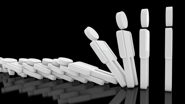 3D illustration of silhouettes of a person. People falling, pushing each other. The idea of dependence in society. 3D rendering on a black background with reflection on the surface.