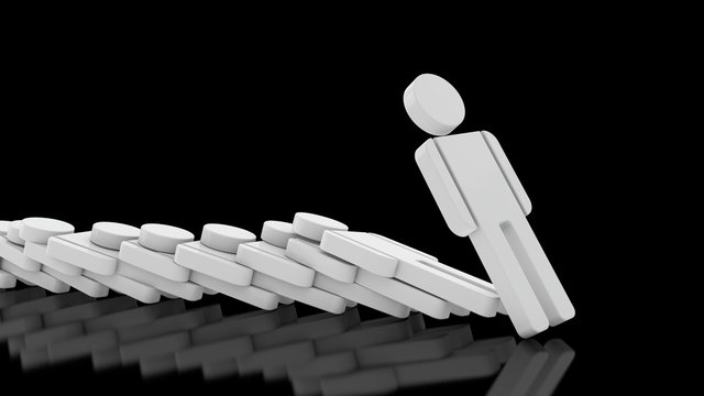3D illustration of silhouettes of a person. People falling, pushing each other. The idea of dependence in society. 3D rendering on a black background with reflection on the surface.