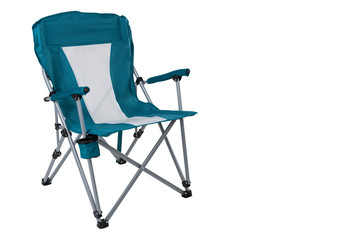 turquoise folding chair for camping or for fishing, on a white background, isolate