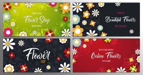 Fototapeta na wymiar Set of Flat flowers on a sketches backgrounds. Floral banner. Vector illustration.