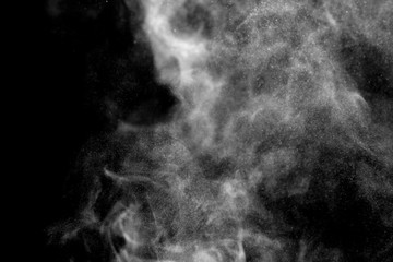 white smoke isolated, abstract powder, water spray on black background.