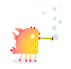 Funny Monster with Flute Making Bubbles. Cute fictional character for kids in watercolor style.