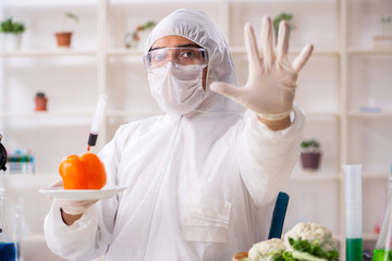 Scientist working in lab on GMO fruits and vegetables