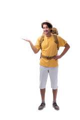 Young handsome tourist isolated on white 