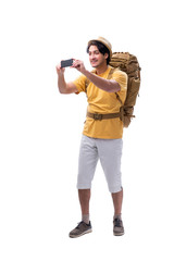 Young handsome tourist isolated on white 