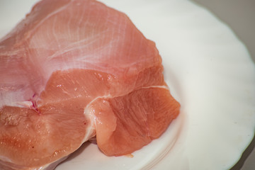 A raw piece of turkey lies on a white plate is close
