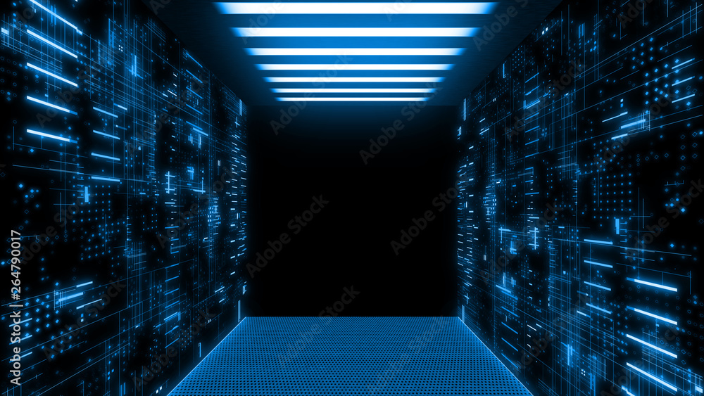 Poster 3d rendering of data center room with abstract data servers and glowing led indicators and ceiling l
