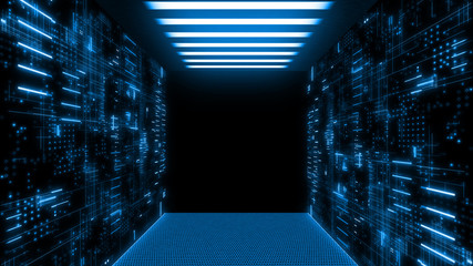 3D Rendering of data center room with abstract data servers and glowing led indicators and ceiling lights. For Big data, machine learning, artificial intelligence concept background.