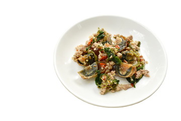 stir fried crispy basil leaf with black preserved egg and minced pork on dish
