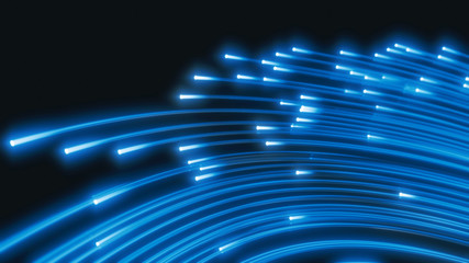 glowing fiber optic strings in dark. 3d illustration