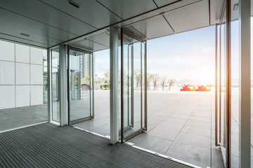 Glass door of office entrance hall