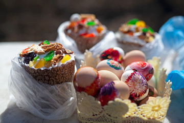 Decorated Easter cakes eggs for Orthodox Easter holiday.