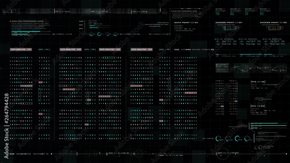 Fototapete Futuristic source code digital data telemetry motion graphic display screen with user interface display for digital background computer desktop display screen