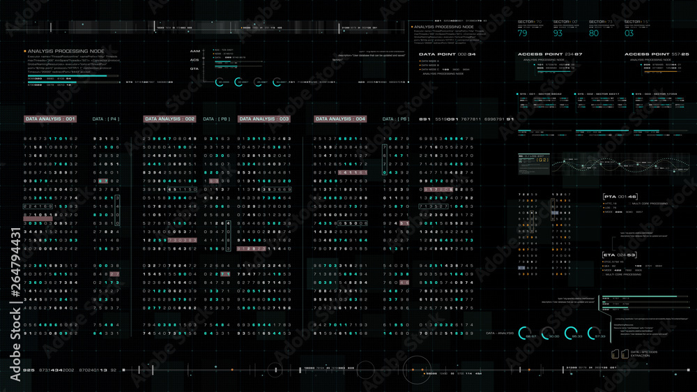 Leinwandbilder Futuristic source code digital data telemetry motion graphic display screen with user interface display for digital background computer desktop display screen