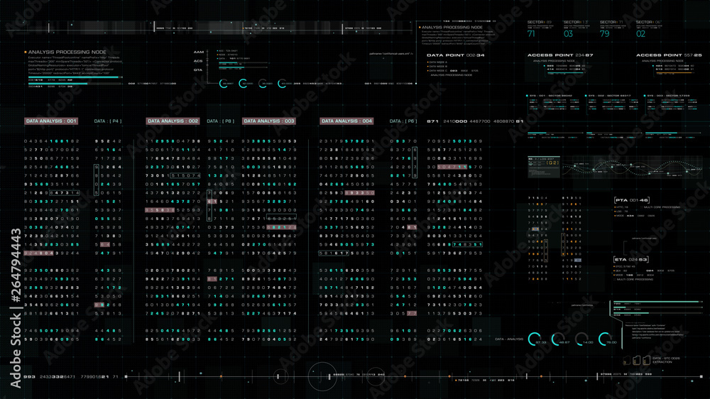 Poster Futuristic source code digital data telemetry motion graphic display screen with user interface display for digital background computer desktop display screen