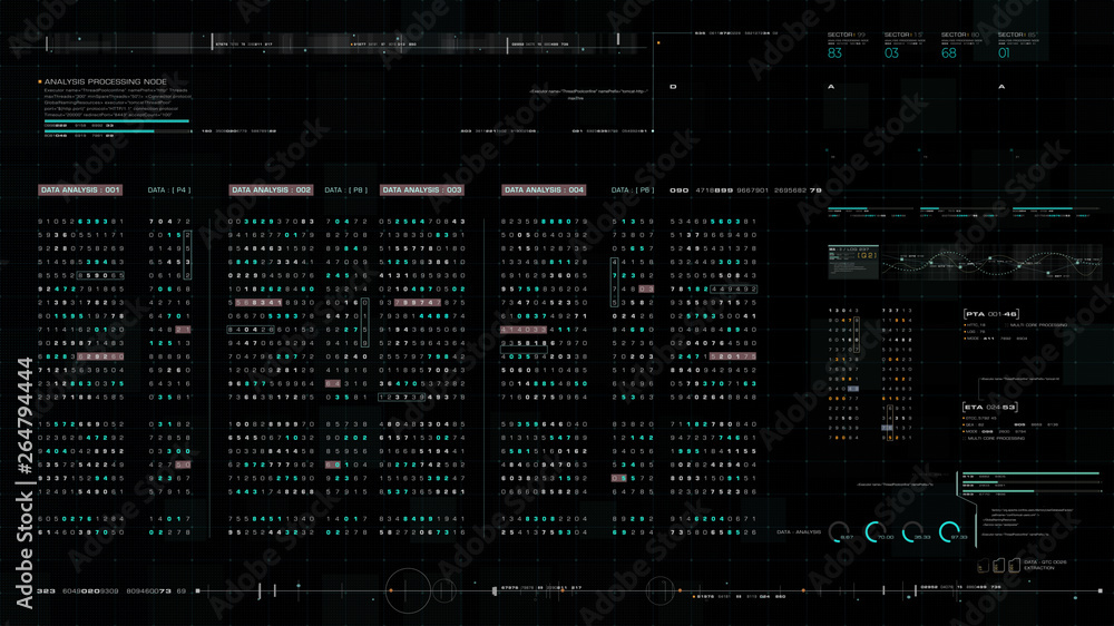Poster Futuristic source code digital data telemetry motion graphic display screen with user interface display for digital background computer desktop display screen