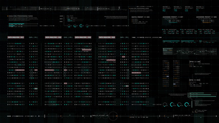 Futuristic source code digital data telemetry motion graphic display screen with user interface display for digital background computer desktop display screen