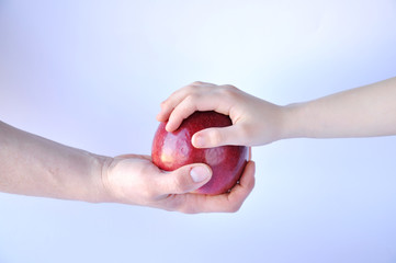 a date man hands a red apple to another person