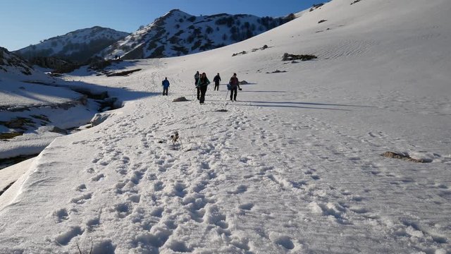 Matese Lake, Campania, Italy - february 2 2019: snowshoeing on snow covered plateau with blue sky. Matese Mounts landscape, Campo dell'esule (Field of the exile), Campo dell'arco (field of the arch)