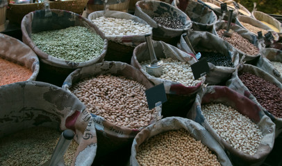 various grain, beans, legumes, peas, lentils in sack on the market