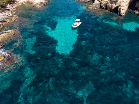 Aerial view, secluded cove Cala Falco or Cap de Falco and Cala Bella Donna with rugged cliffs, Sol de Mallorca, Cala Vinyes and Calvia, Mallorca, Balearic Islands, Spain