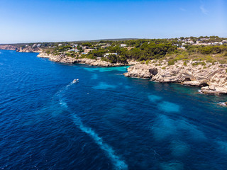 Fototapeta na wymiar Aerial view, secluded cove Cala Falco or Cap de Falco and Cala Bella Donna with rugged cliffs, Sol de Mallorca, Cala Vinyes and Calvia, Mallorca, Balearic Islands, Spain