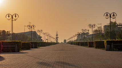 Kosciuszko promenade in the square in Gdynia. Early morning. Spring time.