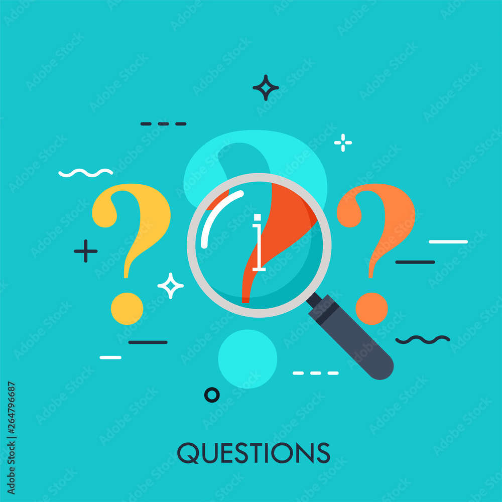Poster question mark under review with magnifying glass. information search process, problem analyzing, ans