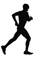 Fototapeta na wymiar Marathon racer running silhouette. Exercise people vector. Healthy lifestyle man. Sport race. Urban runner active on street. Healthcare concept. Jogging after stressful work day. Health young man.
