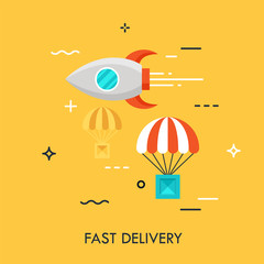 Flying rocket and carton box dropped by parachute. Express delivery service, online shopping, electronic commerce, cargo shipping concept. Vector illustration in flat style for website, banner.