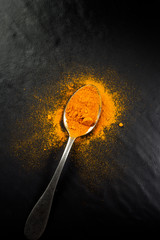 Top view of a spoon with turmeric powder isolated on black