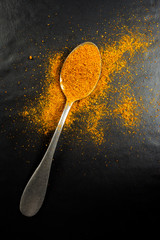 Top view of a spoon with curry powder isolated on black