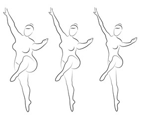 Collection. Silhouette of a cute lady, she is dancing ballet. A woman is overweight. The girl is plump, slim, thin. Woman ballerina, gymnast. Vector illustration set