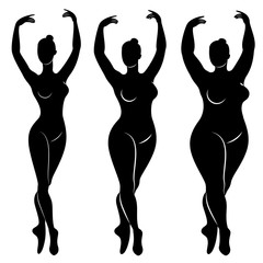 Collection. Silhouette of a cute lady, she is dancing ballet. A woman is overweight. The girl is plump, slim, thin. Woman ballerina, gymnast. Vector illustration set
