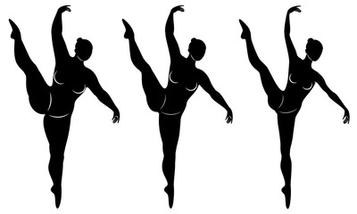 Collection. Silhouette of a cute lady, she is dancing ballet. A woman is overweight. The girl is plump, slim, thin. Woman ballerina, gymnast. Vector illustration set