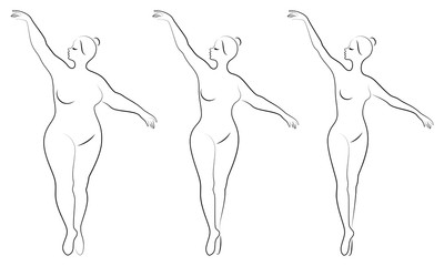 Obraz na płótnie Canvas Collection. Silhouette of a cute lady, she is dancing ballet. A woman is overweight. The girl is plump, slim, thin. Woman ballerina, gymnast. Vector illustration set