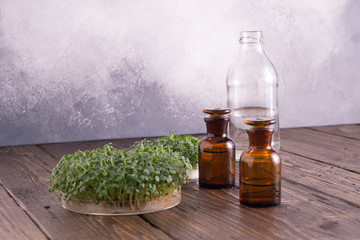 Microgreens in round container and small glass vials on wooden table against bright textured...