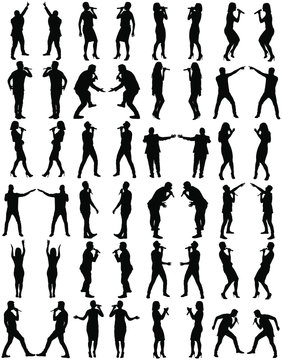 Popular singer super star vector silhouette illustration isolated on white background. Attractive music artists on the stage big group. Singer woman, girl, man, boy artist against public on concert.
